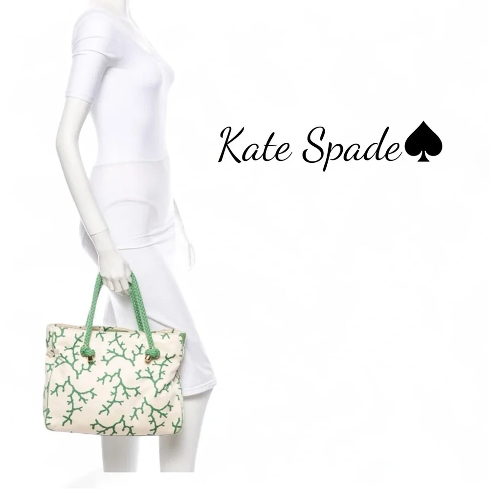 Vintage Kate Spade Cream and Green Patterned Tote|Luxury Vintage Bags| Y2K